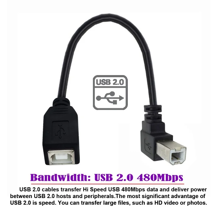 U2-068-UP 20cm Elbow Type B Male USB 2.0 to Female Extension Cable 480Mbps Data Transfer for Printer Scanner Disk