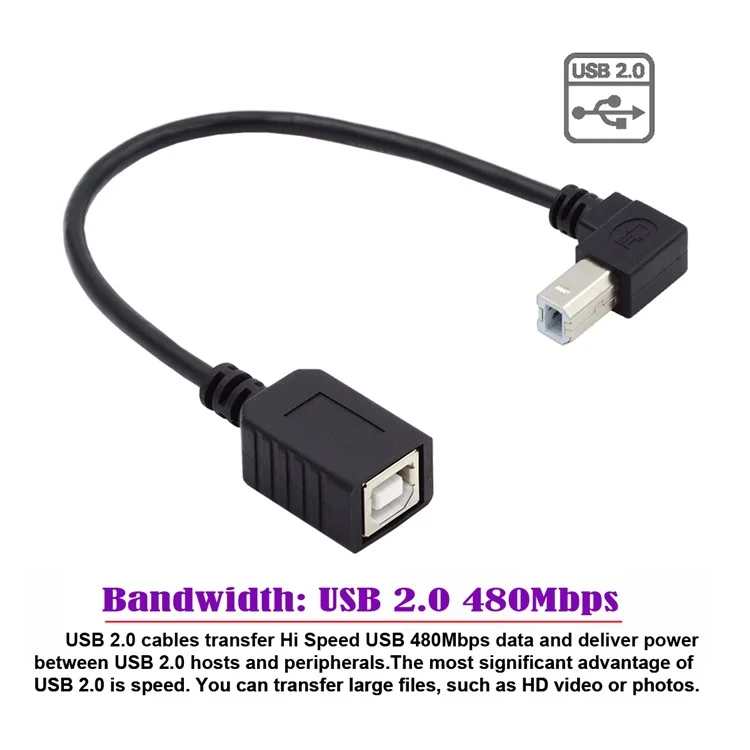 U2-068-UP 20cm Elbow Type B Male USB 2.0 to Female Extension Cable 480Mbps Data Transfer for Printer Scanner Disk