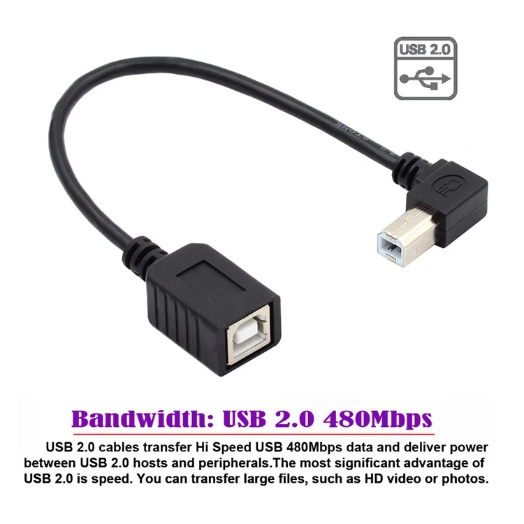 U2-068-LE 20cm Left Angled Design USB 2.0 Type-B Male to Female Adapter Cord Tangle-Free Printer Extension Cable
