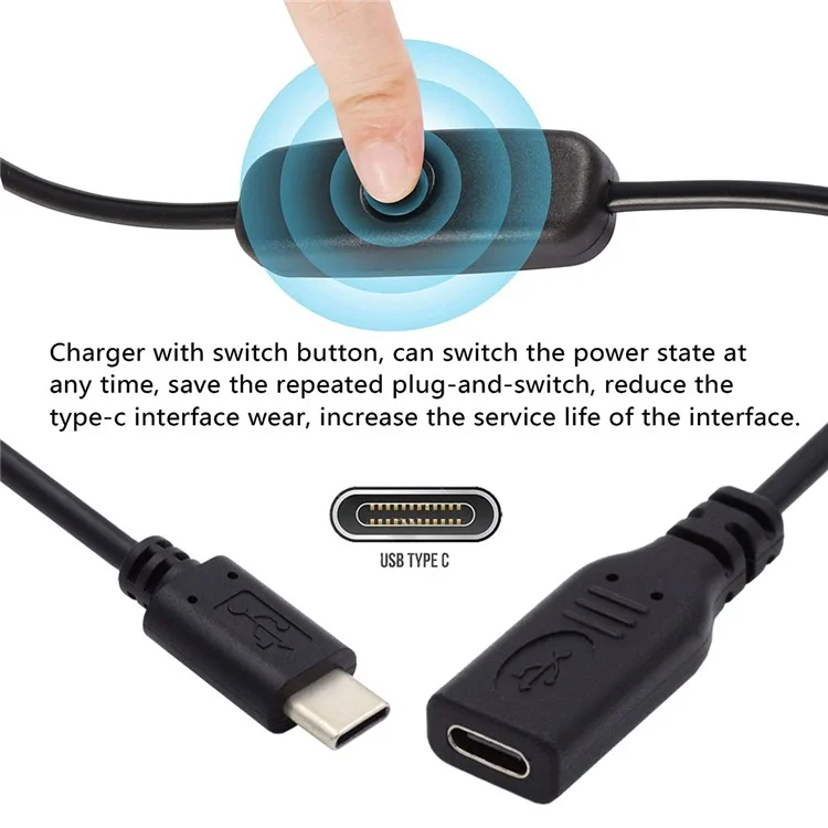 UC-148 Type-C Male to Female Cable USB-C Cable with On-Off Power Switch Button for Laptop Keyboard