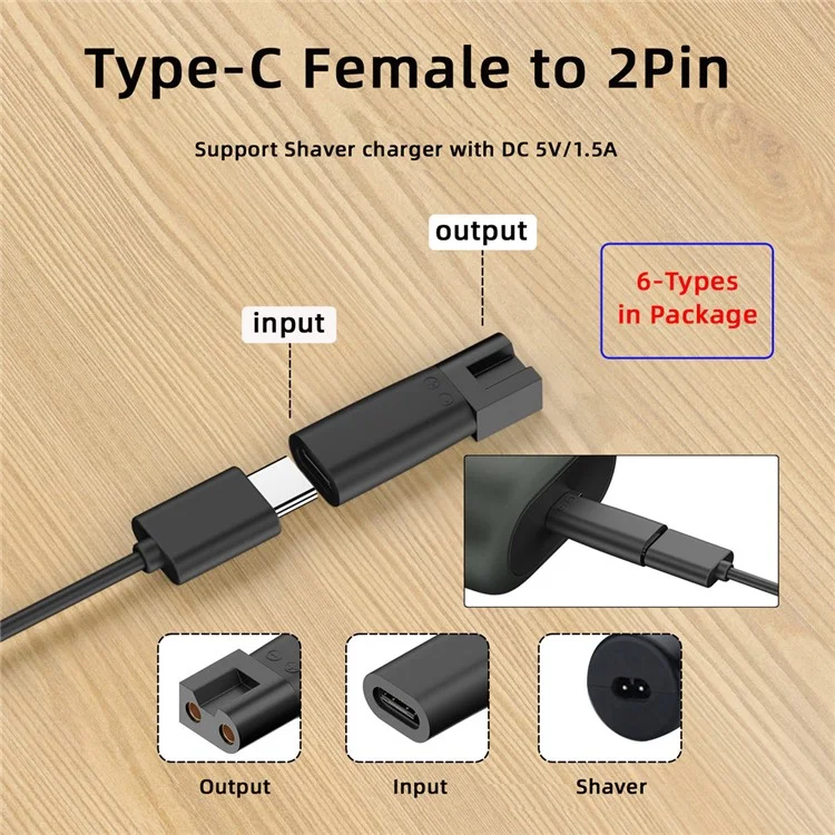 6Pcs / Set UC-150 5V Type-C Female to 2 Pin Adapter Kit Charger Adapter for Electric Hair Clipper Shavers