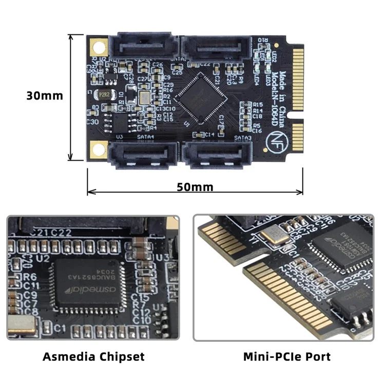 SA-033-4P Mini PCI-E to SATA 3.0 Four Ports Converter 6Gbps PCI Express SSD Adapter Card
