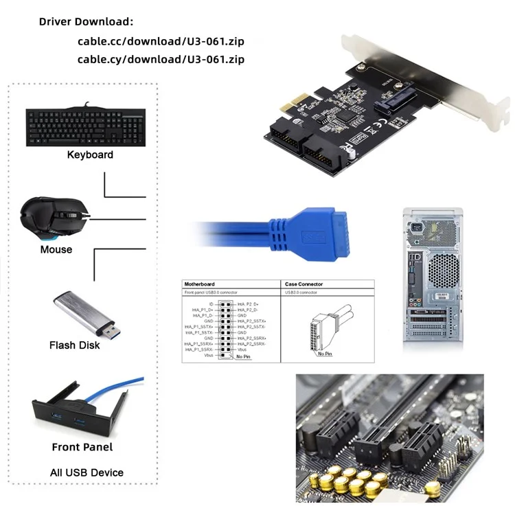 U3-048 PCI-E 1X Express Card to 19Pin 20Pin USB 3.0 Front Panel Header 5Gbps VL805 Adapter