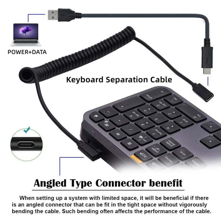 UC-133-CMCF Cabo de Extensão Tipo-C Macho para Fêmea Coiled Spring USB-C Teclado Mouse Cord
