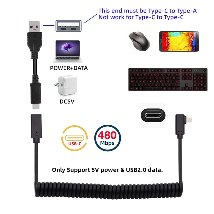 UC-133-CMCF Cabo de Extensão Tipo-C Macho para Fêmea Coiled Spring USB-C Teclado Mouse Cord