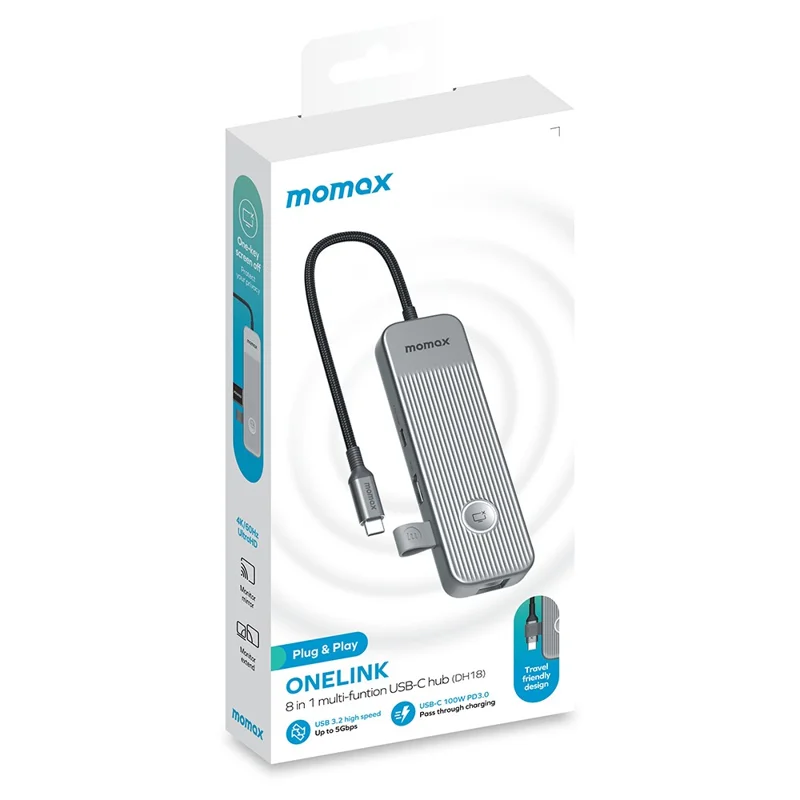 MOMAX ONELINK 8-in-1 USB-C Docking Station Desktop Multi-Port Type-C Hub Adapter - Dark Grey