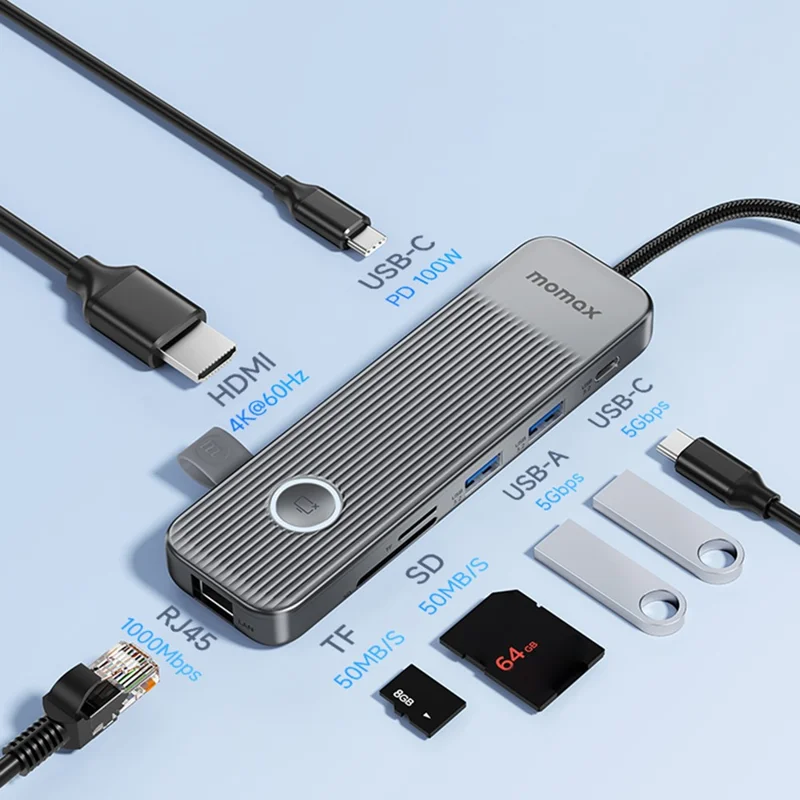MOMAX ONELINK 8-in-1 USB-C Docking Station Desktop Multi-Port Type-C Hub Adapter - Dark Grey