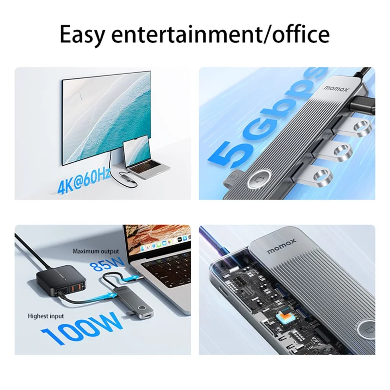 MOMAX ONELINK 8-in-1 USB-C Docking Station Desktop Multi-Port Type-C Hub Adapter - Dark Grey