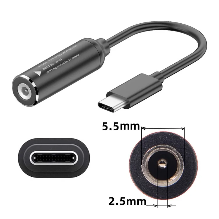 UC-149-5525MM 5,5x2,5mm DC Jack Fêmea para Cabo Conversor de Carga do Tipo-C Masculino para Laptop Telefone PD9V 15V 20V