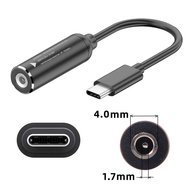 UC-149-4017MM DC Jack 4.0x1.7mm Entrada Hembra a Tipo-C Macho Enchufe de Alimentación Cable de Carga para Portátil Teléfono PD9V 15V 20V