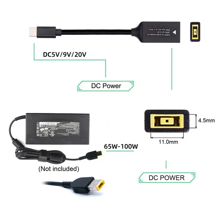 UC-149-1145MM Rectangle Jack Thinkpad 11x4.5mm Input Female to Type-C Male Charge Cable for Laptop Phone PD9V 15V 20V
