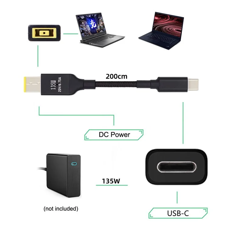 UC-106-DC135W Type-C 135 Вт для прямоугольного DC 11,0 x 4,5 мм кабель питания PD Charge для ноутбуков Lenovo Thinkpad X1 Legion Y7000P DC20V 6,25А