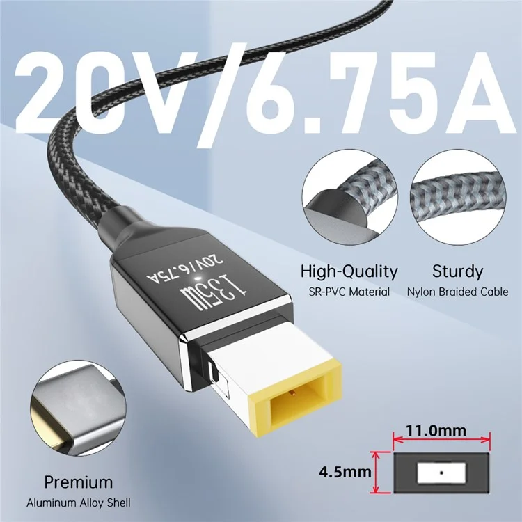 UC-106-DC135W Type-C 135 Вт для прямоугольного DC 11,0 x 4,5 мм кабель питания PD Charge для ноутбуков Lenovo Thinkpad X1 Legion Y7000P DC20V 6,25А