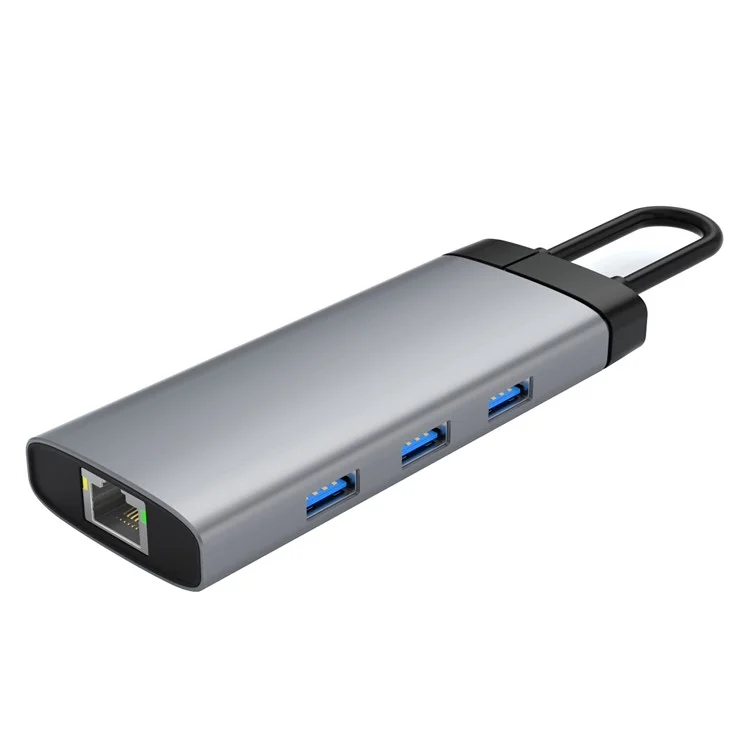 BS6A 6-em-1 Hub USB3.0 x 3 + HD + RJ45 + Type-C PD 100W Estação de Acoplamento de Carregamento Rápido