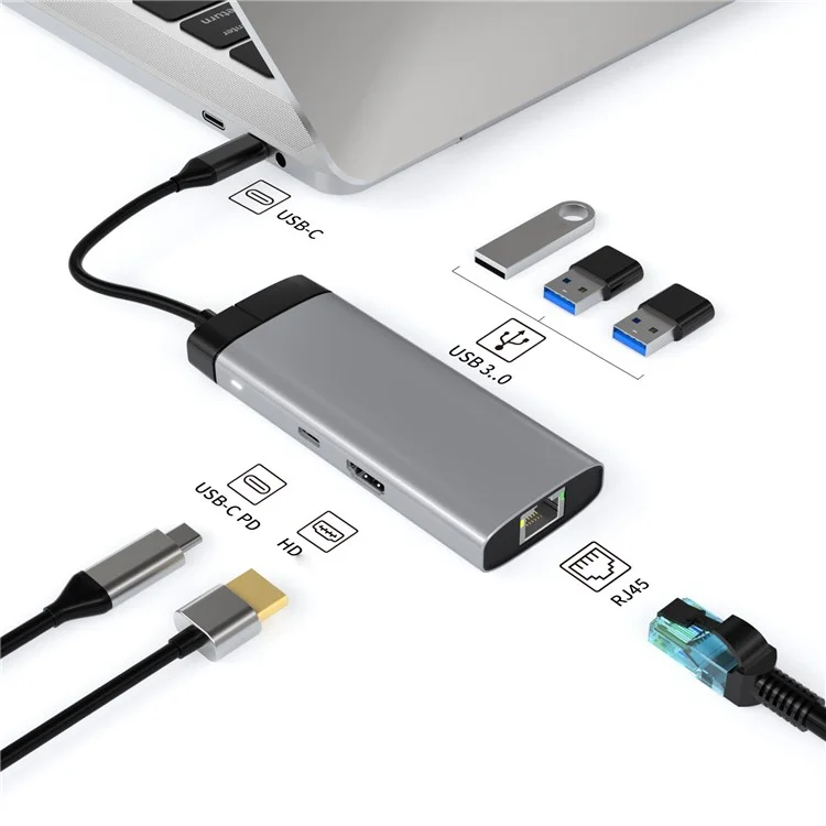 BS6A 6-em-1 Hub USB3.0 x 3 + HD + RJ45 + Type-C PD 100W Estação de Acoplamento de Carregamento Rápido
