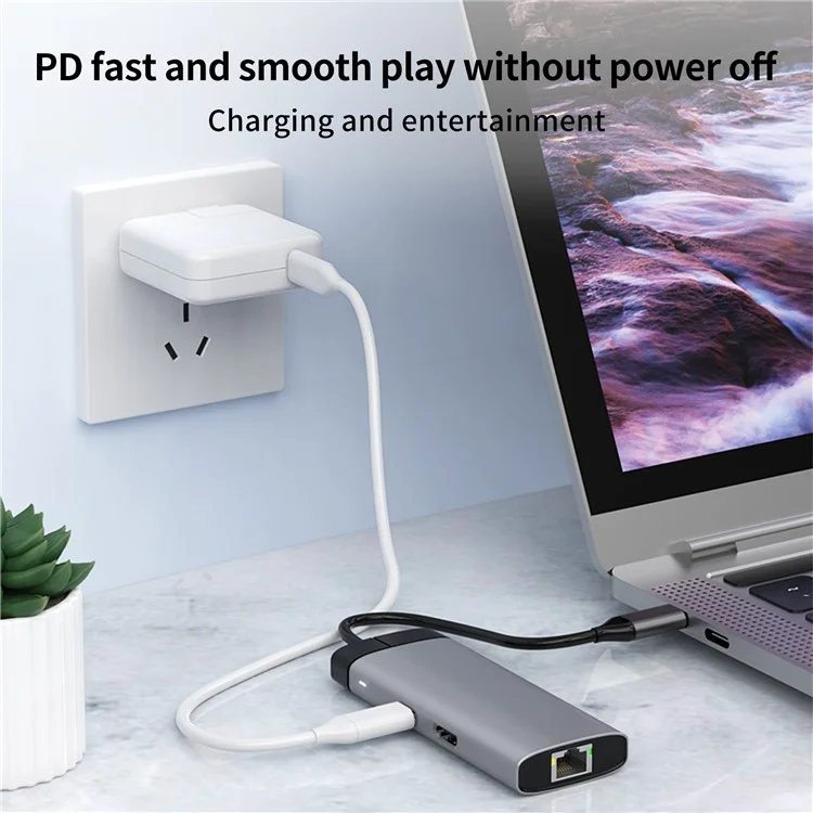 BS6A 6-em-1 Hub USB3.0 x 3 + HD + RJ45 + Type-C PD 100W Estação de Acoplamento de Carregamento Rápido