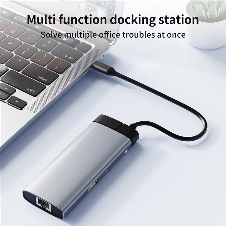BS6A 6-em-1 Hub USB3.0 x 3 + HD + RJ45 + Type-C PD 100W Estação de Acoplamento de Carregamento Rápido