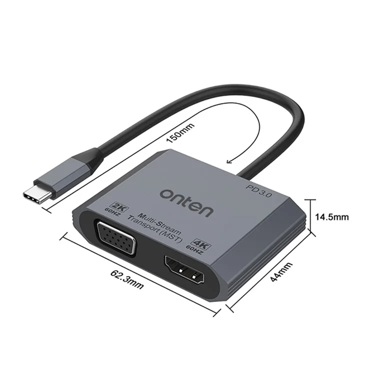 ONTEN M205 3-in-1 Type-C to HD+VGA Adapter Cable with PD Fast Charging USB-C Video Converter - Black