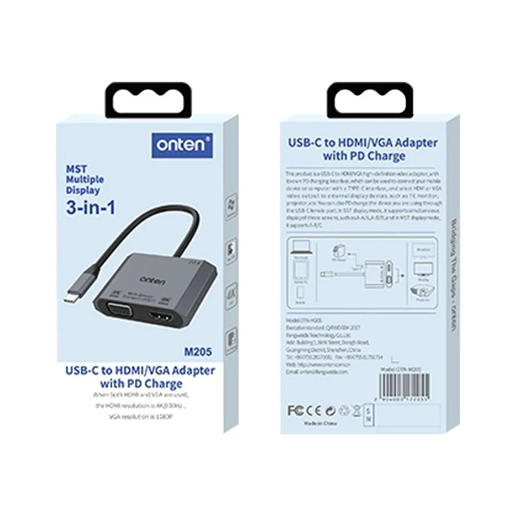 ONTEN M205 3-in-1 Type-C to HD+VGA Adapter Cable with PD Fast Charging USB-C Video Converter - Black