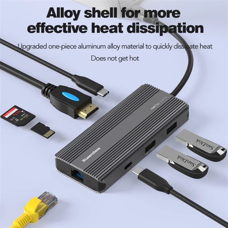 Blueendless HC805 Type-C Hub 8K@30Hz 8-in-1 Multiport Desktop PC Adaptador de Computadora Portátil USB3.1 Splitter