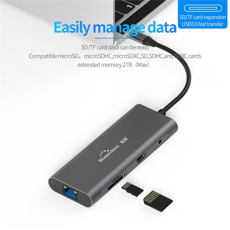 BLUEENDLESS HC901 Type-C Aluminum Alloy Hub 9-in-1 Docking Station Adapter with 100mm Extended Cable