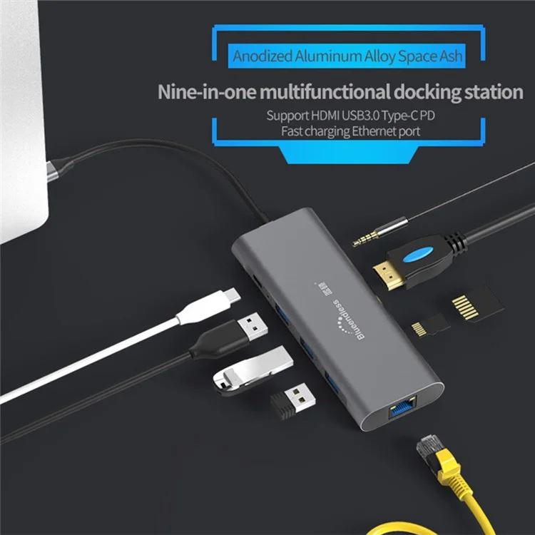 BLUEENDLESS HC901 Type-C Aluminum Alloy Hub 9-in-1 Docking Station Adapter with 100mm Extended Cable