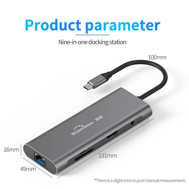 BLUEENDLESS HC901 Type-C Aluminum Alloy Hub 9-in-1 Docking Station Adapter with 100mm Extended Cable
