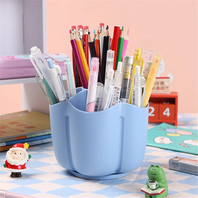 360 Degree Rotating Pen Holder 6 Grids Plastic Pencil Storage Box Desktop Stationery Organizer - Blue