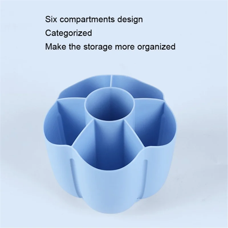 360 Degree Rotating Pen Holder 6 Grids Plastic Pencil Storage Box Desktop Stationery Organizer - Blue
