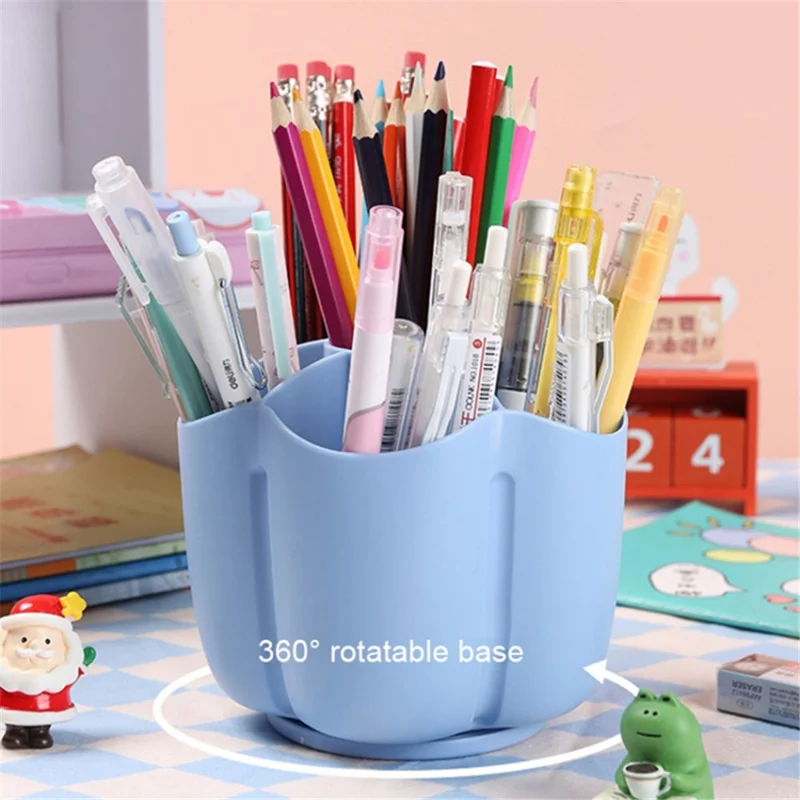 360 Degree Rotating Pen Holder 6 Grids Plastic Pencil Storage Box Desktop Stationery Organizer - Blue
