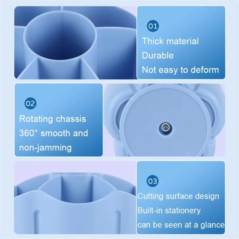 360 Degree Rotating Pen Holder 6 Grids Plastic Pencil Storage Box Desktop Stationery Organizer - Blue
