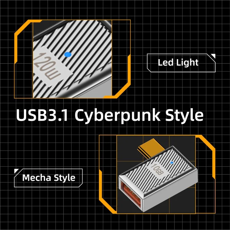 UC-017-RI Mecha Estilo Cyberpunk 10Gbps USB 3.1 Tipo C Macho a USB 3.0 A Hembra OTG Datos 120W Poder Adaptador Acodado Izquierda Derecha
