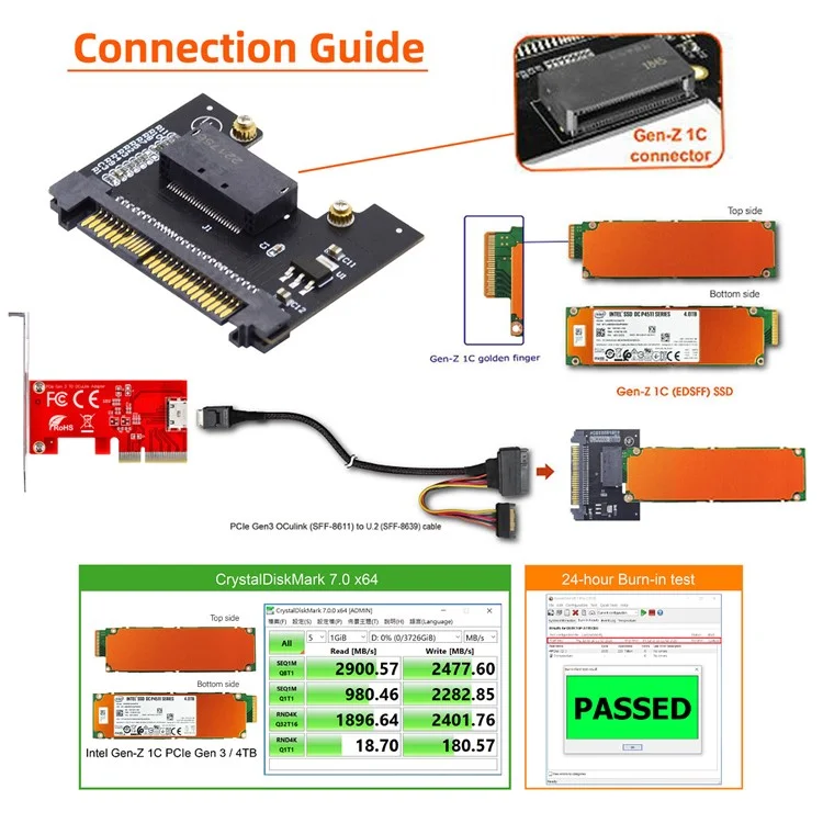 SF-072 U.2 SFF-8639 Host Adapter to NVMe Ruler 1U GEN-Z EDSFF Short SSD P4511 E1.S Carrier Adapter