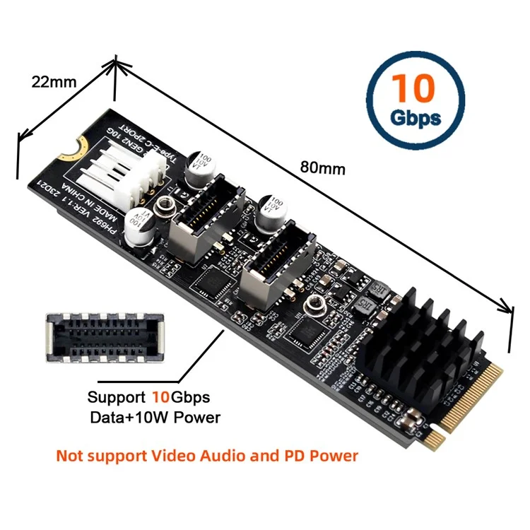 EP-020 NVME NGFF M-Key to Dual Type-E USB 3.1 Front Panel Socket 10Gbps Express Card Adapter (ASM3142 Chip)
