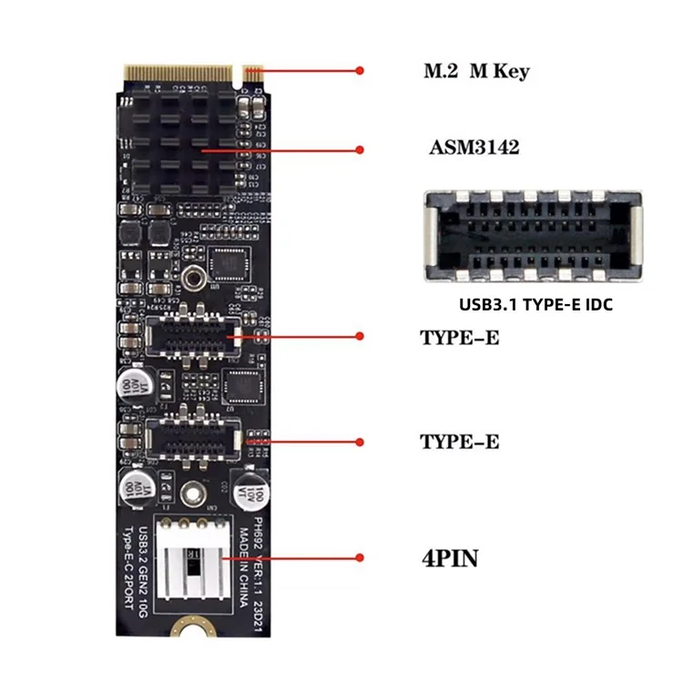 EP-020 NVME NGFF M-Key to Dual Type-E USB 3.1 Front Panel Socket 10Gbps Express Card Adapter (ASM3142 Chip)