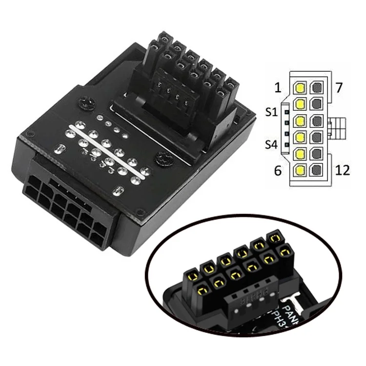PW-047-DN 12VHPWR ATX3.0 PCI-E 5.0 12+4Pin Power Modular Male to Female Adapter Extension Down Angled 90 Degree Converter - Black