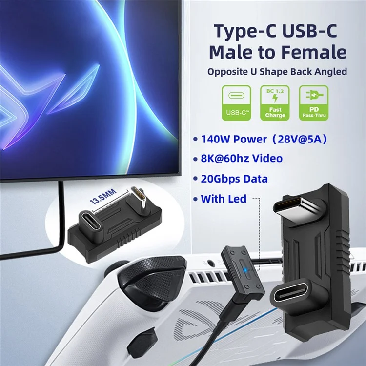 UC-068-OU Adaptateur d'alimentation, de données et vidéo USB-C mâle à femelle en forme de U inversée et de biais (espace de 13,5 mm)