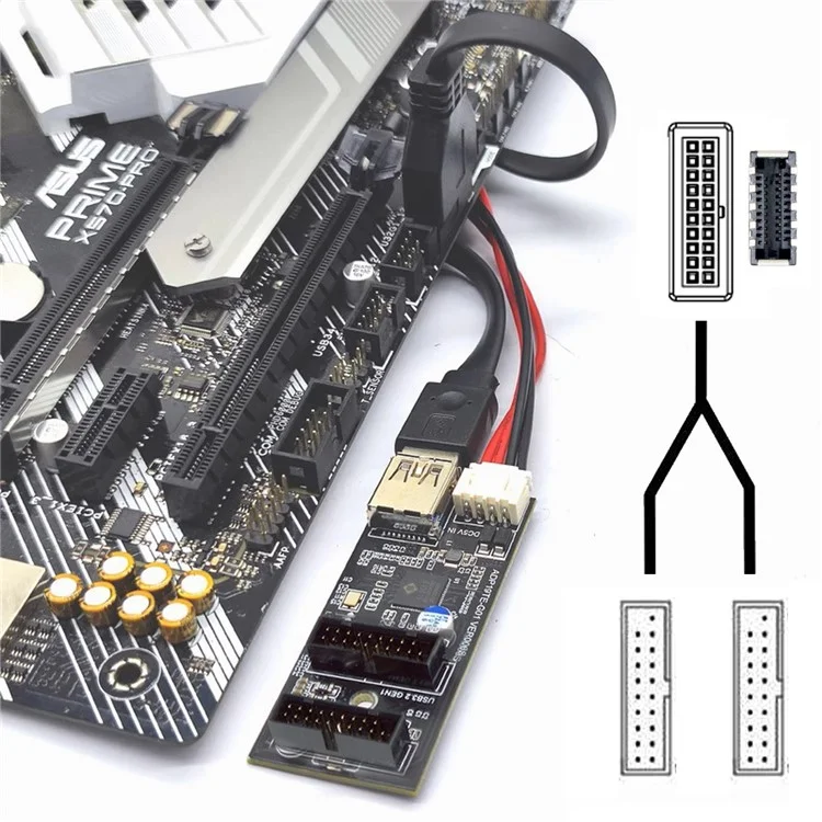 U3-084-AF+UC-117 5Gbps Type-E 19 / 20Pin Header to USB 3.0 19 / 20Pin Dual Ports Female PCBA Type Adapter Splitter HUB