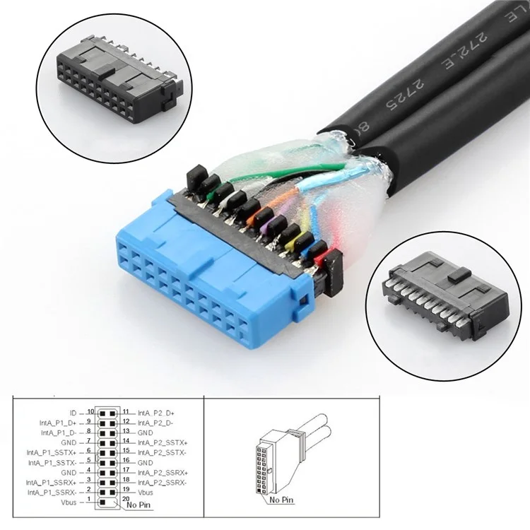 U3-084-EF+UC-117 5Gbps Type-E 19 / 20Pin Header to USB 3.0 20Pin & Type-E Dual Ports Female PCBA Type Adapter Splitter HUB