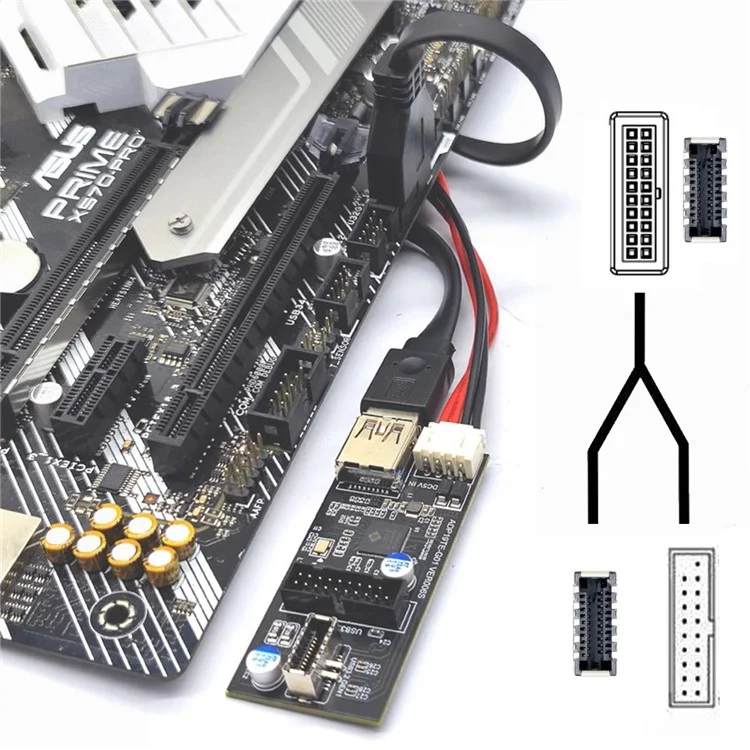 U3-084-EF+UC-117 5Gbps Type-E 19 / 20Pin Header to USB 3.0 20Pin & Type-E Dual Ports Female PCBA Type Adapter Splitter HUB