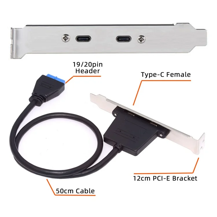 UC-020-CC USB3.0 Placa base 19 / 20Pin a USB-C Tipo-C Doble Puertos Hembra PCI-E Panel Posterior 5Gbps Cable