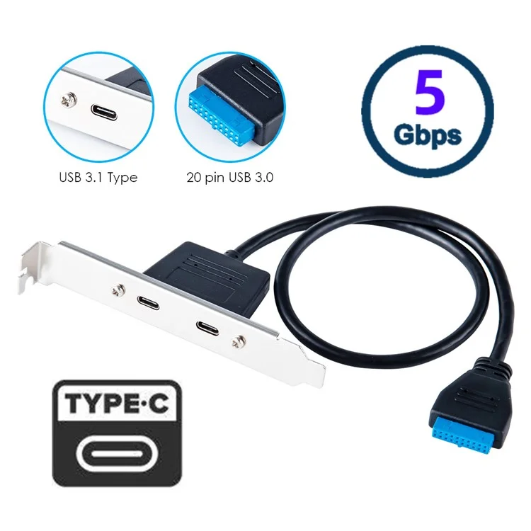 UC-020-CC USB3.0 Placa base 19 / 20Pin a USB-C Tipo-C Doble Puertos Hembra PCI-E Panel Posterior 5Gbps Cable