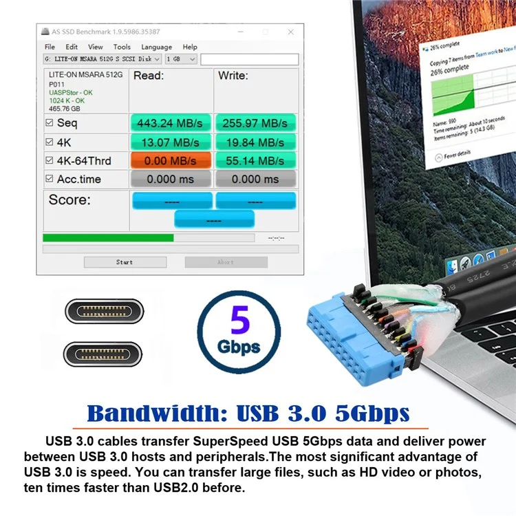 UC-020-CC USB3.0 Placa base 19 / 20Pin a USB-C Tipo-C Doble Puertos Hembra PCI-E Panel Posterior 5Gbps Cable