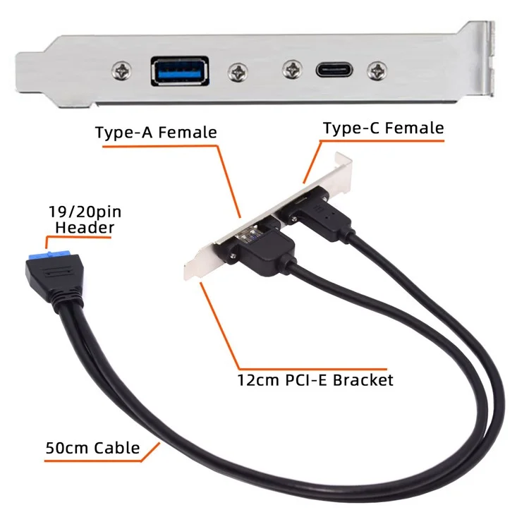 UC-020-AC USB3.0 Scheda Madre 19 / 20Pin a USB-C Type-C e USB 3.0 Doppia Porta Femmina PCI-E Back Panel Cavo 5Gbps