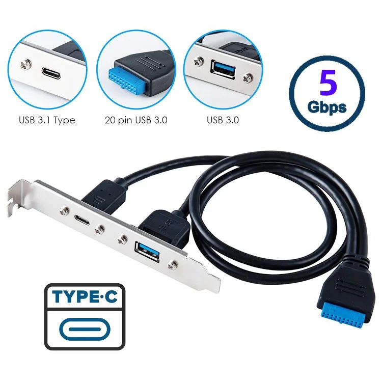 UC-020-AC USB3.0 Scheda Madre 19 / 20Pin a USB-C Type-C e USB 3.0 Doppia Porta Femmina PCI-E Back Panel Cavo 5Gbps