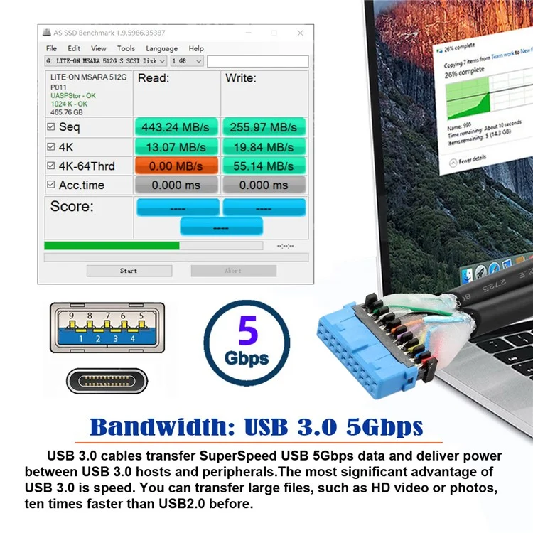UC-020-AC USB3.0 Scheda Madre 19 / 20Pin a USB-C Type-C e USB 3.0 Doppia Porta Femmina PCI-E Back Panel Cavo 5Gbps