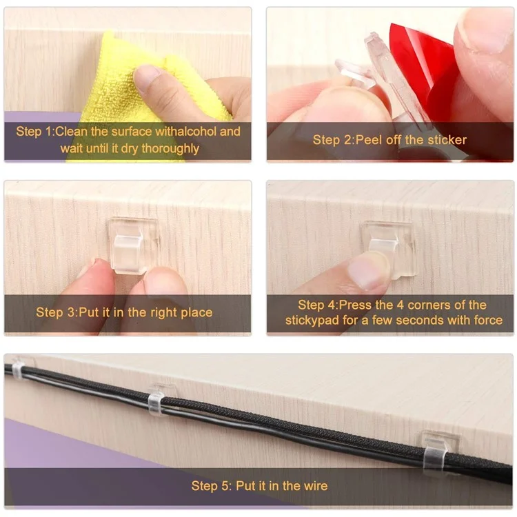 HG2392 10Pcs / Set Adhesive Cable Clips Wall Wire Clips for Cable Management Cord Wire Holders for Home, Dormitory, Office - Black