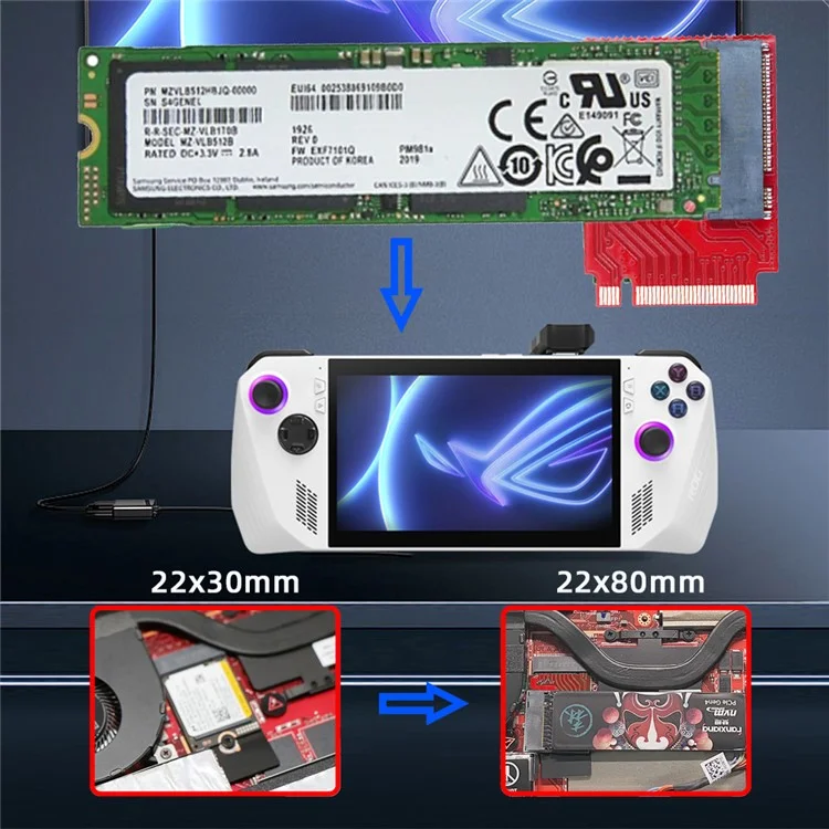 EP-022-2230MM NVME M-Key 22x30mm to 22x80mm NGFF Extension SSD Mise à niveau Adaptateur Compatible avec ROG Ally Gaming