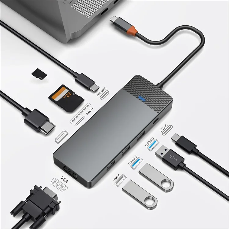 WIWU A921HV 9-в-1 USB-C хаб с множеством портов, включая USB+PD+USB-C+слоты для Card Reader+VGA+HD вывод