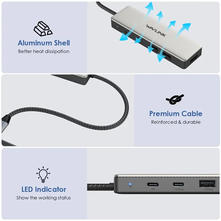 WAVLINK UHP3415 10Gbps Type-C Hub Adapter PD 100W Charging 4K HD Video Multi-Port Converter for MacBook
